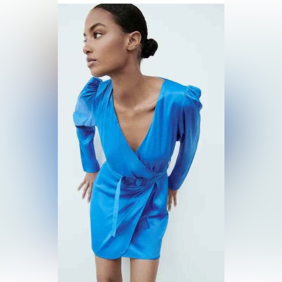 Zara Blue Ruffled Wrap Dress with Puff Sleeves - Picture 2 of 8